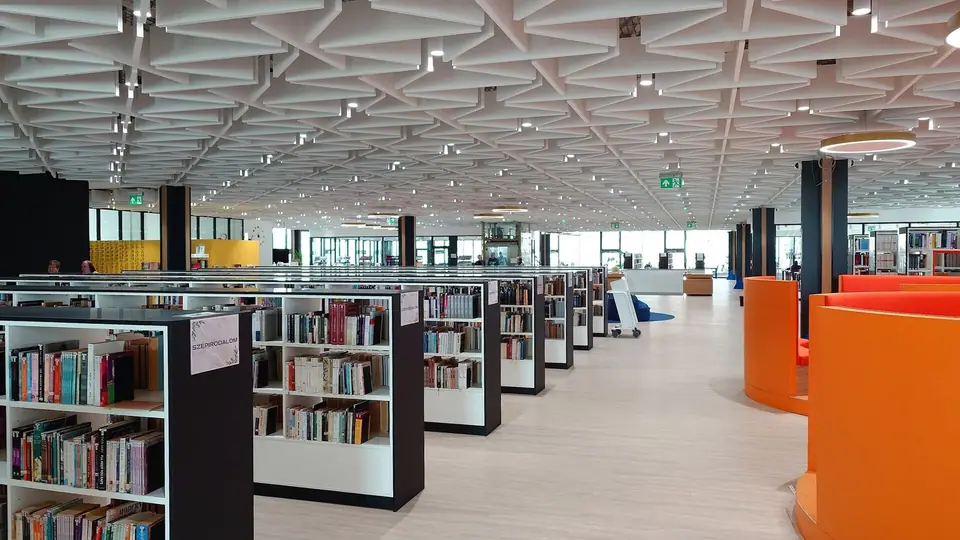 Aydınlık bir üniversite kütüphanesinde sıra sıra kitap rafları